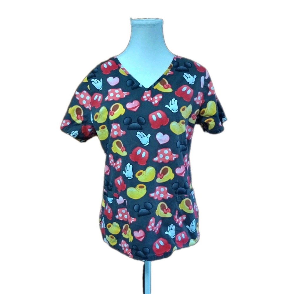 Disney Mickey Minnie Mouse Scrub Top S Black Red V-Neck Medical Uniform Pockets
